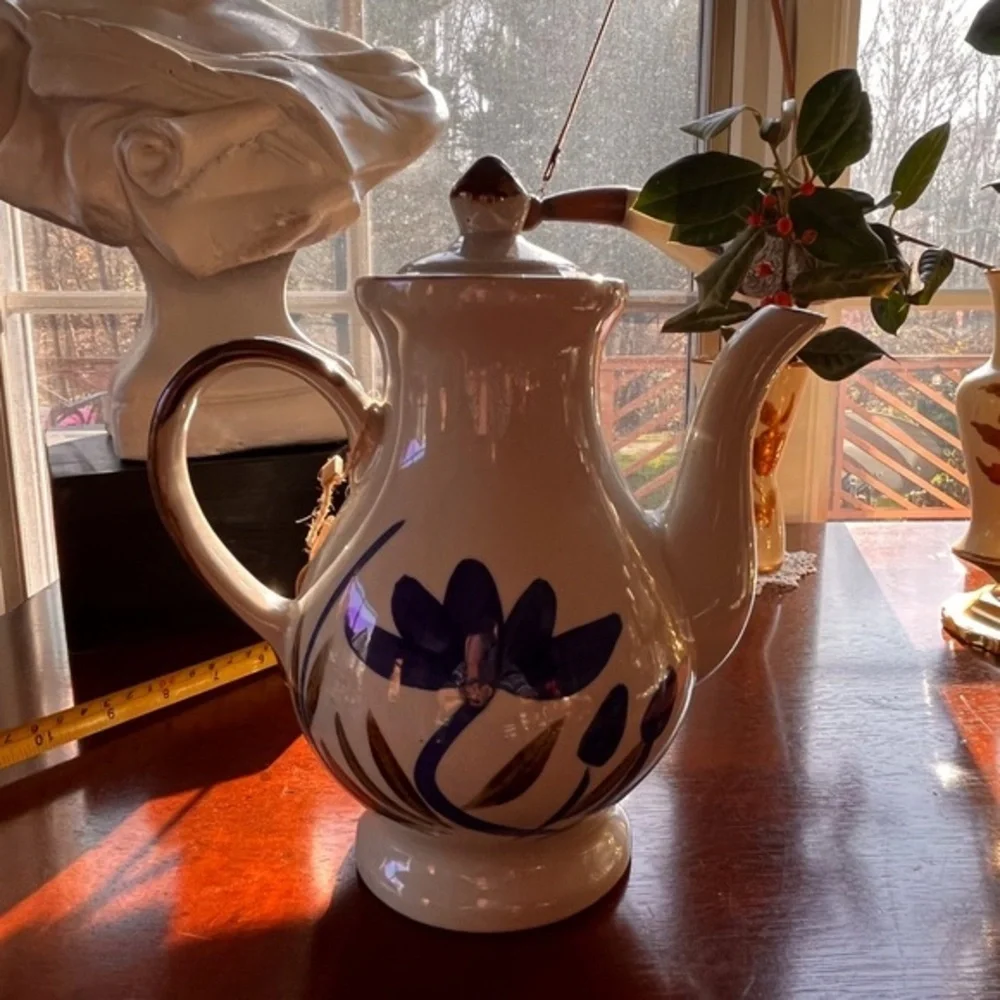 Vintage Pottery Coffee Pot Folk Art Blue Flower Tea Pot Chocolate Pot
